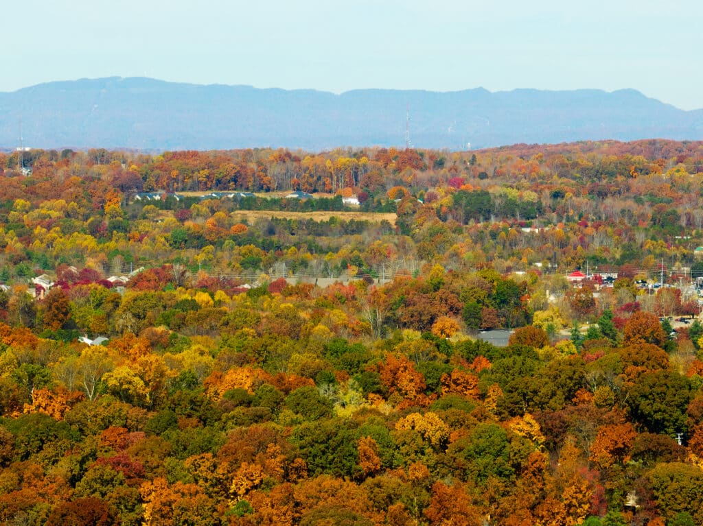 Landscape photo of Farragut with fall trees and the hazy mountains in the distance.