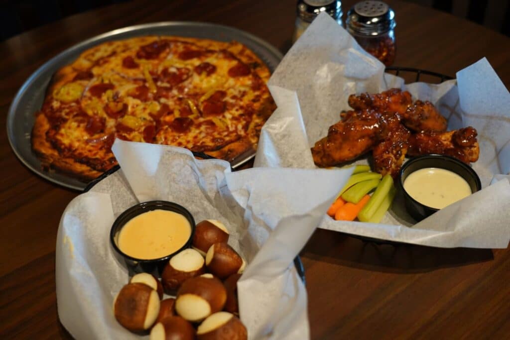 food from Admiral Pub. Pizza, wings, and pretzel bites.