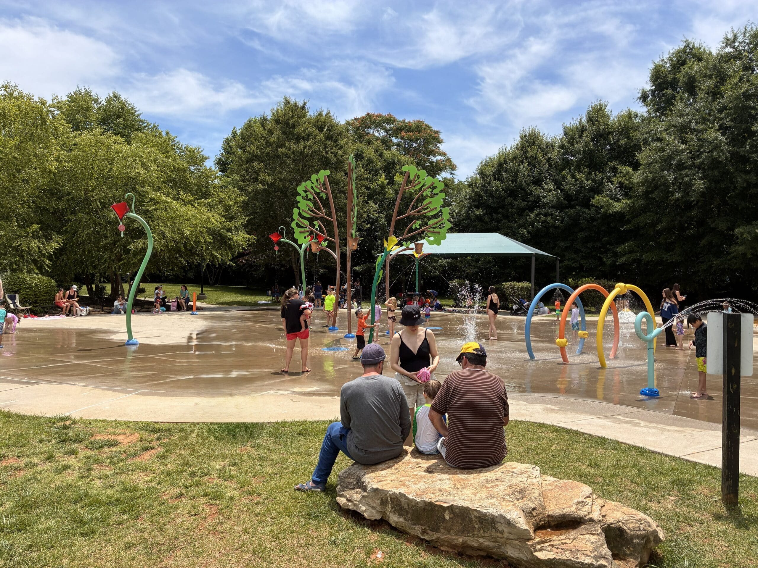 Kids and parents at McFee Splash pad