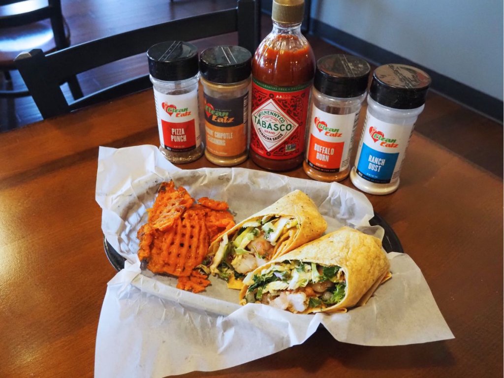 healthy chicken wrap and sweet potato fries at Clean Eatz