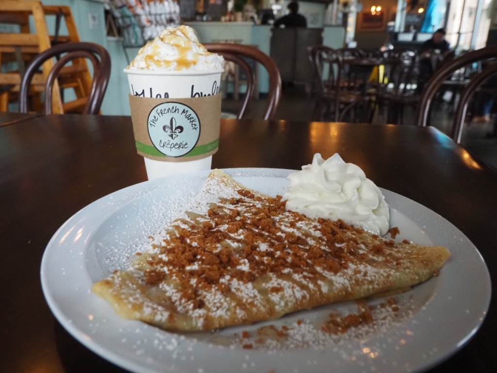 creme brulee latte and dessert crepe from French Market Creperie