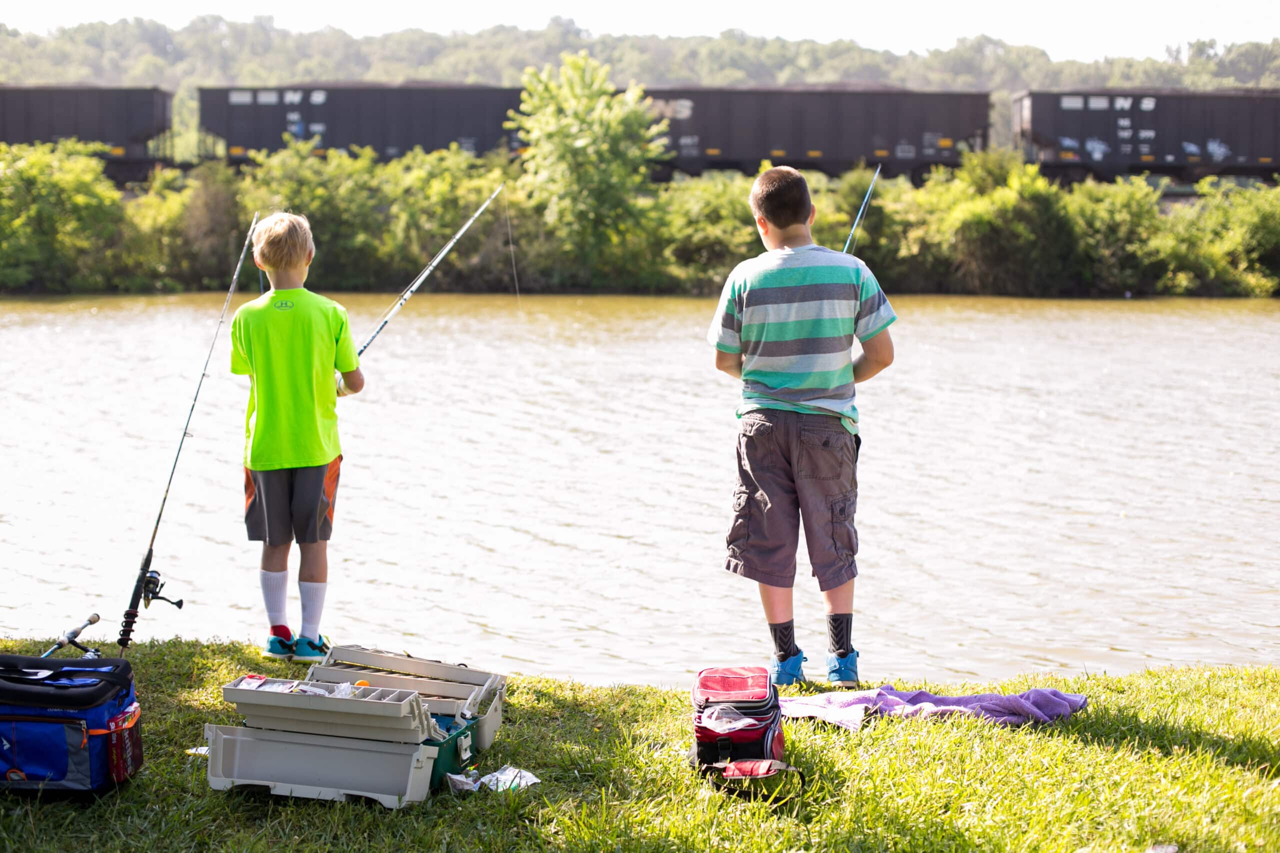 Two kids fishing at Anchor Park in Farragut, TN