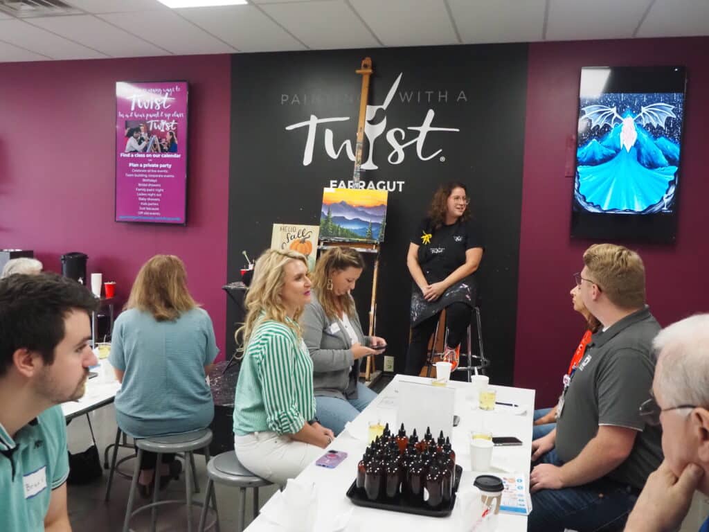 instructor in front of group at Painting with a Twist Art Class