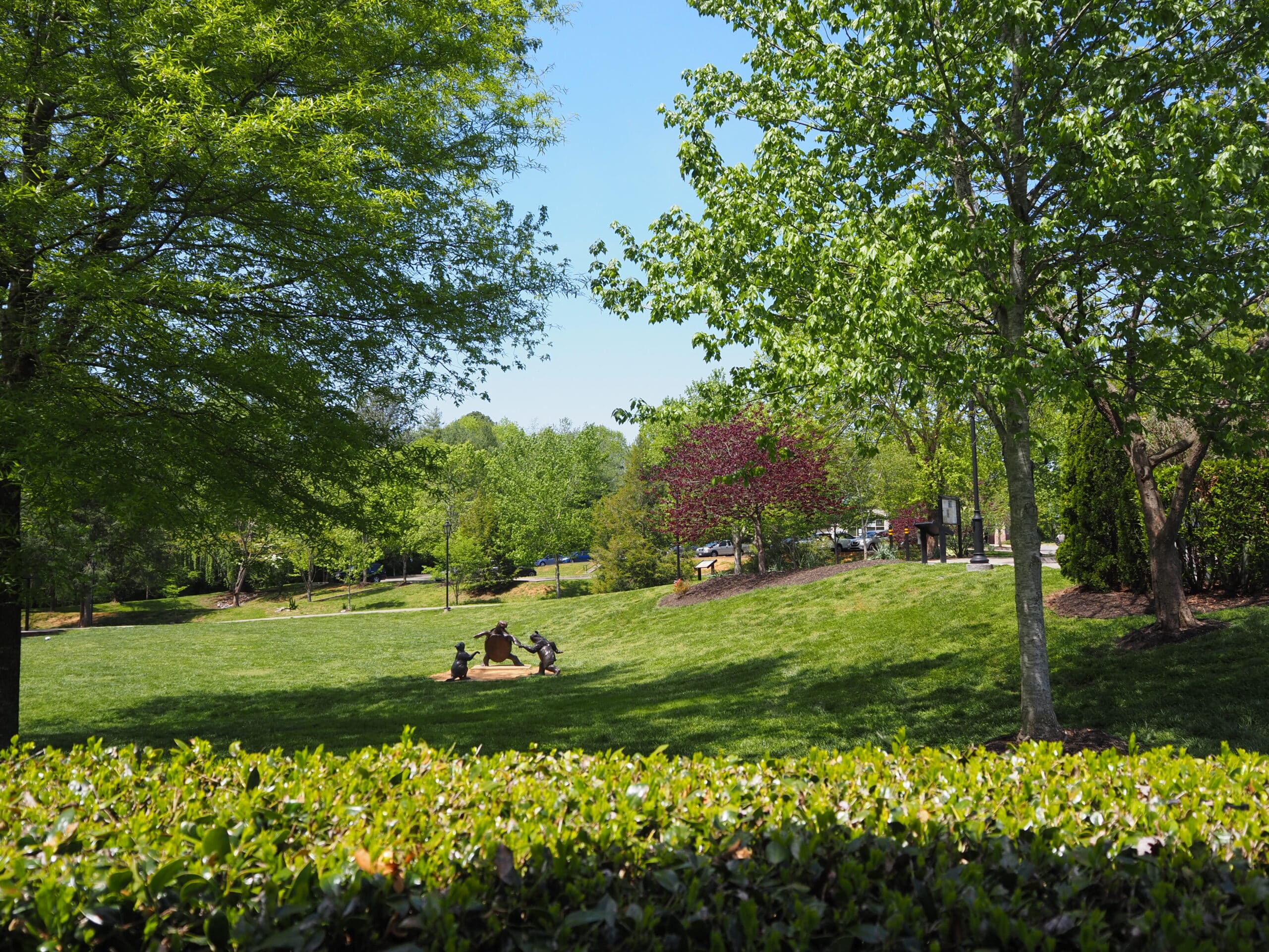 Lawn and statues in the distance at Founders Park in Farragut