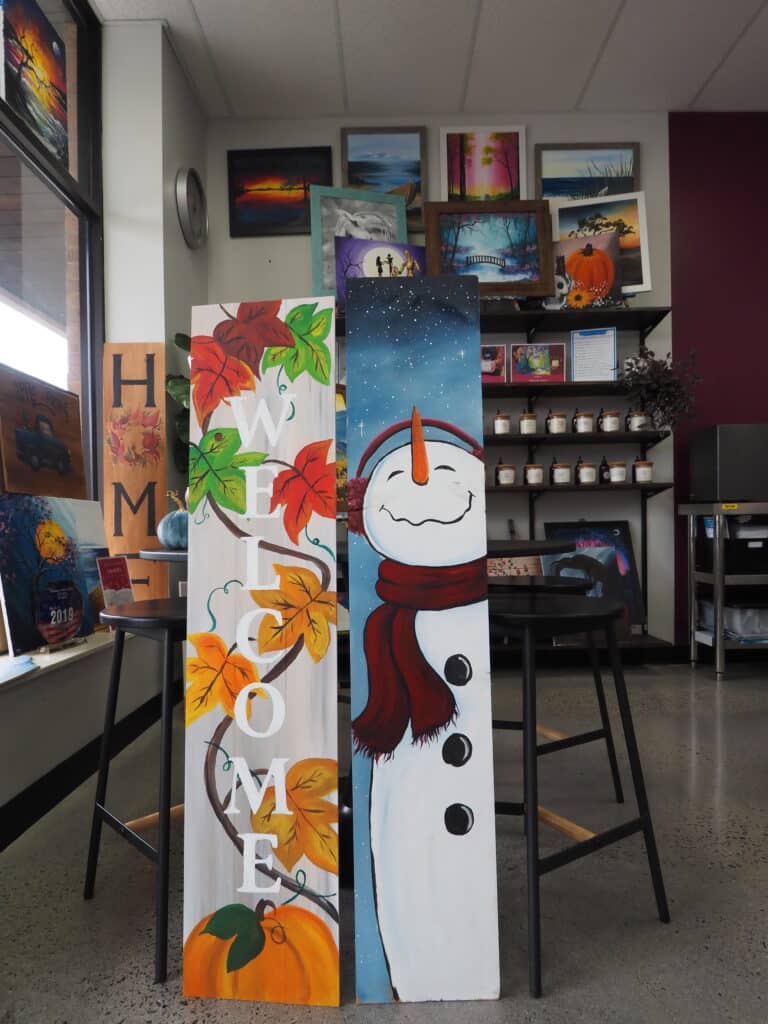 Fall welcome sign and snowman sign painted at Painting with a Twist in Farragut