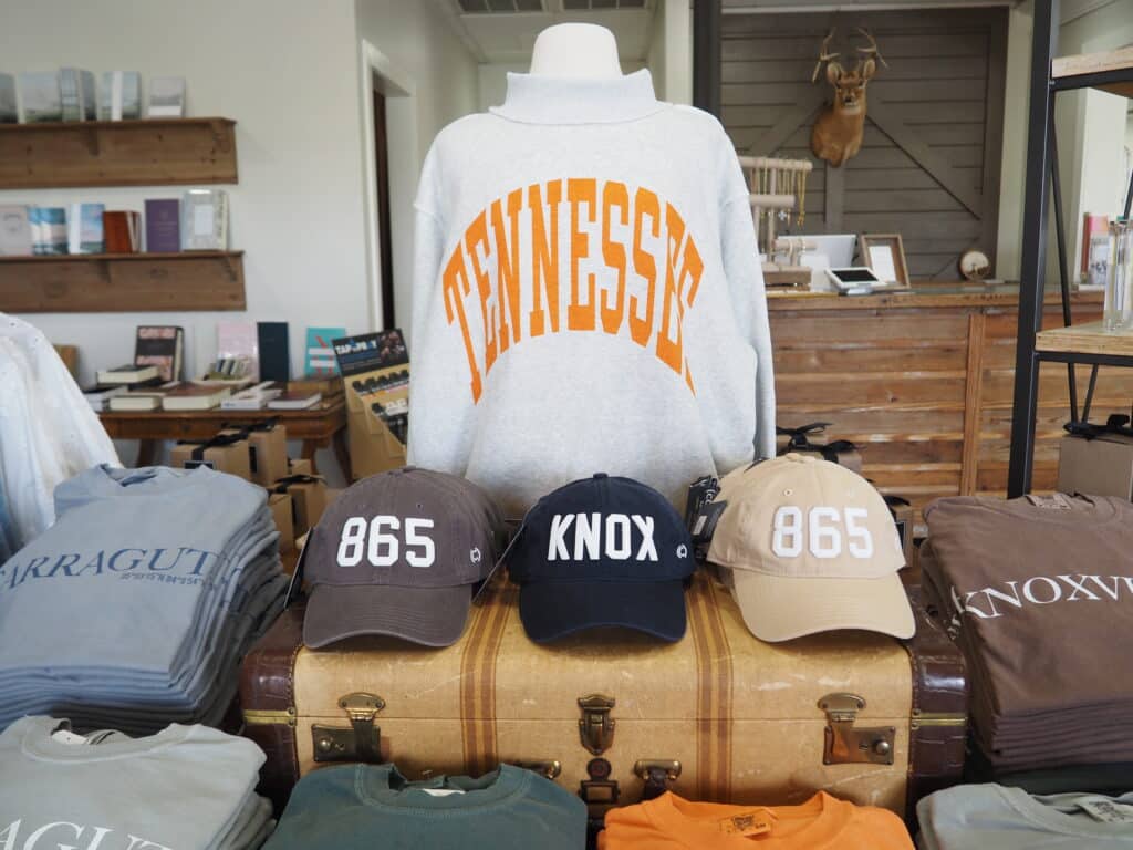 Sweatshirt, hat, shirts that say Tennessee, Knoxville, and Farragut, at Provisions Store