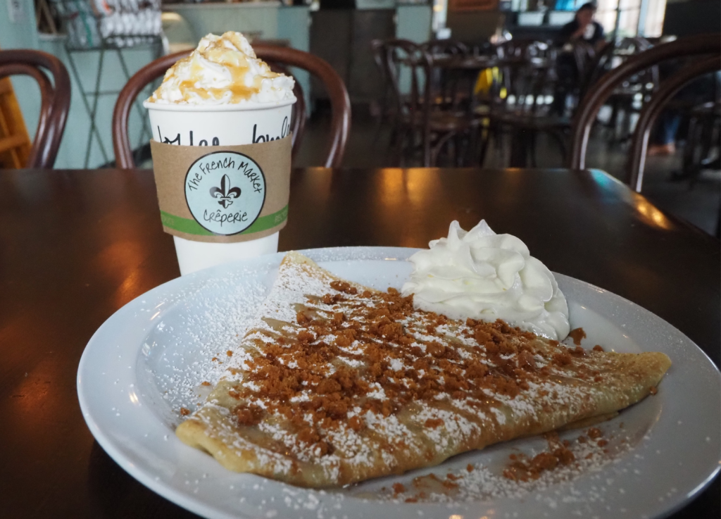 Biscoff Cookie Butter Crepe and toffee brulee latte at French Market Creperie