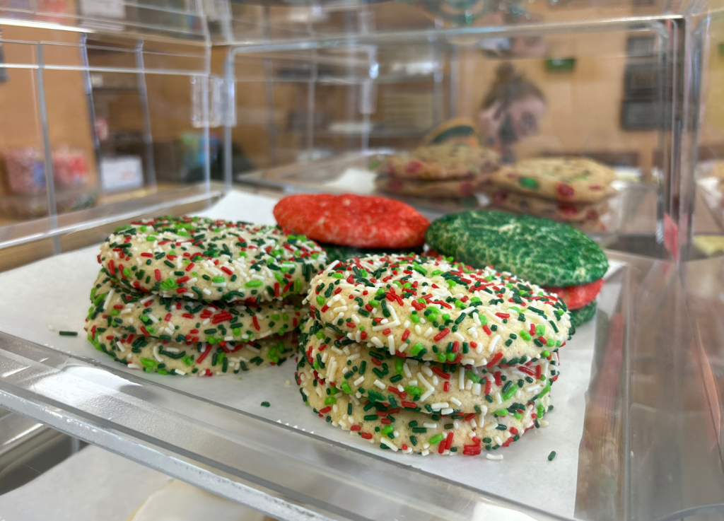 red and green festive cookies at VG's Bakery