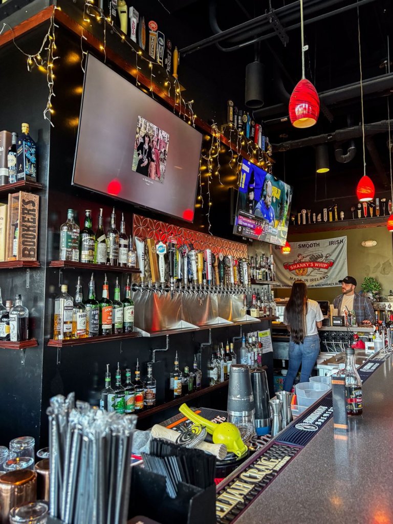 The fun, eclectic bar setup at Dullahan's Irish Pub