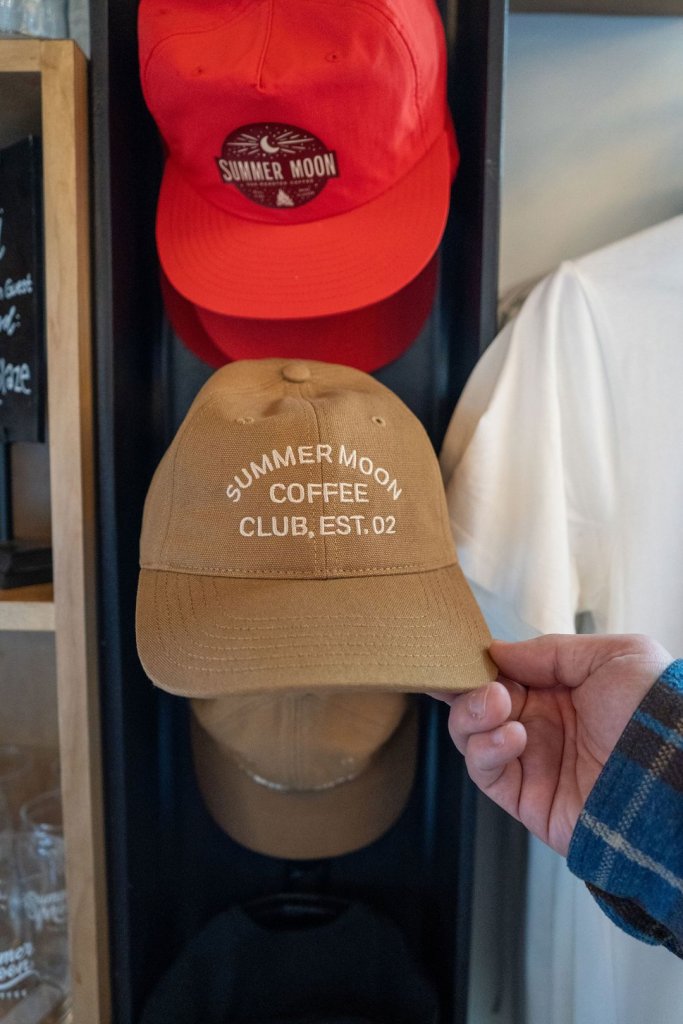 tan hat that says "Summer Moon Coffee Club, Established 02"